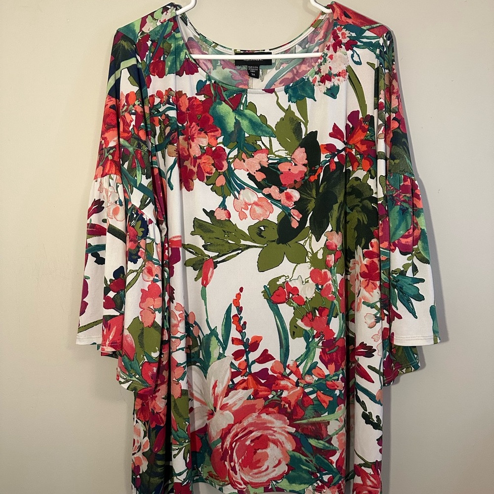 Karen Kane Floral Bell Sleeve Blouse in White, Green, Pink, Coral